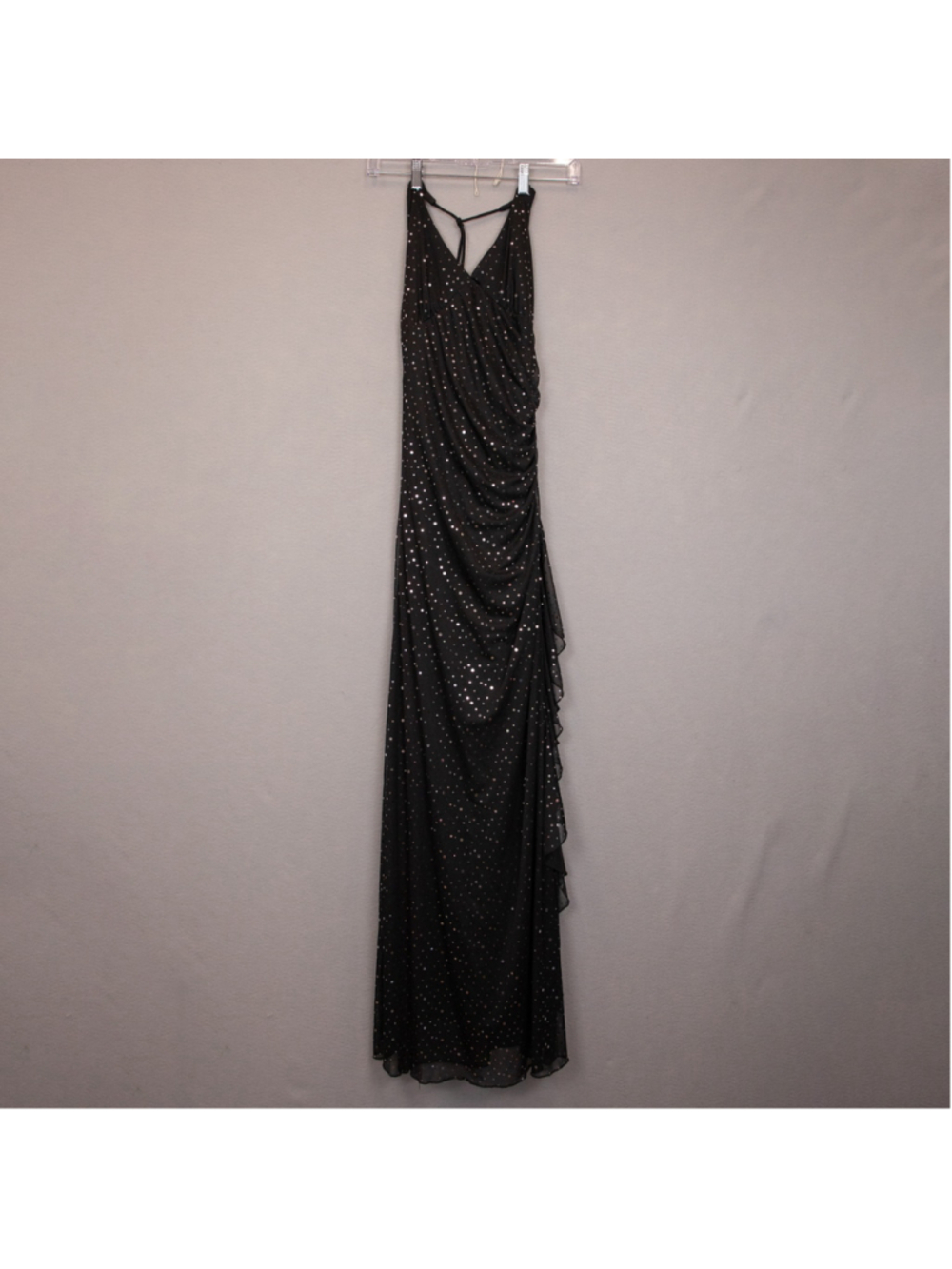 Y2K Jodi Kristopher black silver polkadot halter side ruffle long slip gown-M
